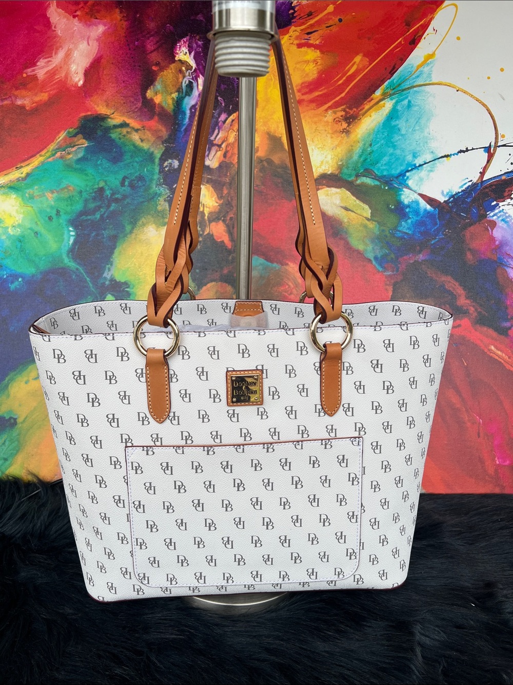 Dooney & Bourke White Signature Tote with Tan Leather Straps